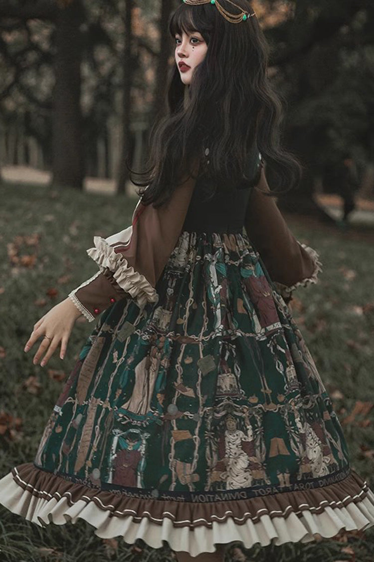 Dark Green Tarot Print Long Puff Sleeves Ruffle Bowknot Ripped Sweet Elegant Lolita Dress