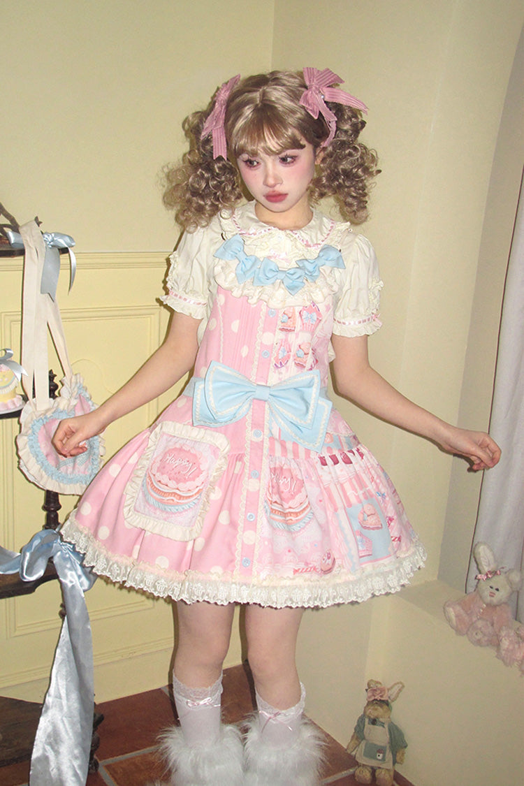 Pink Cake Chocolate Dessert Print Ruffle Bowknot Sweet Lolita Strap Dress