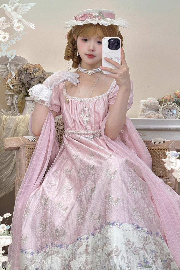 Pink Spring of Nai Square Collar Short Sleeves Print Pearl Sweet Elegant Lolita Dress