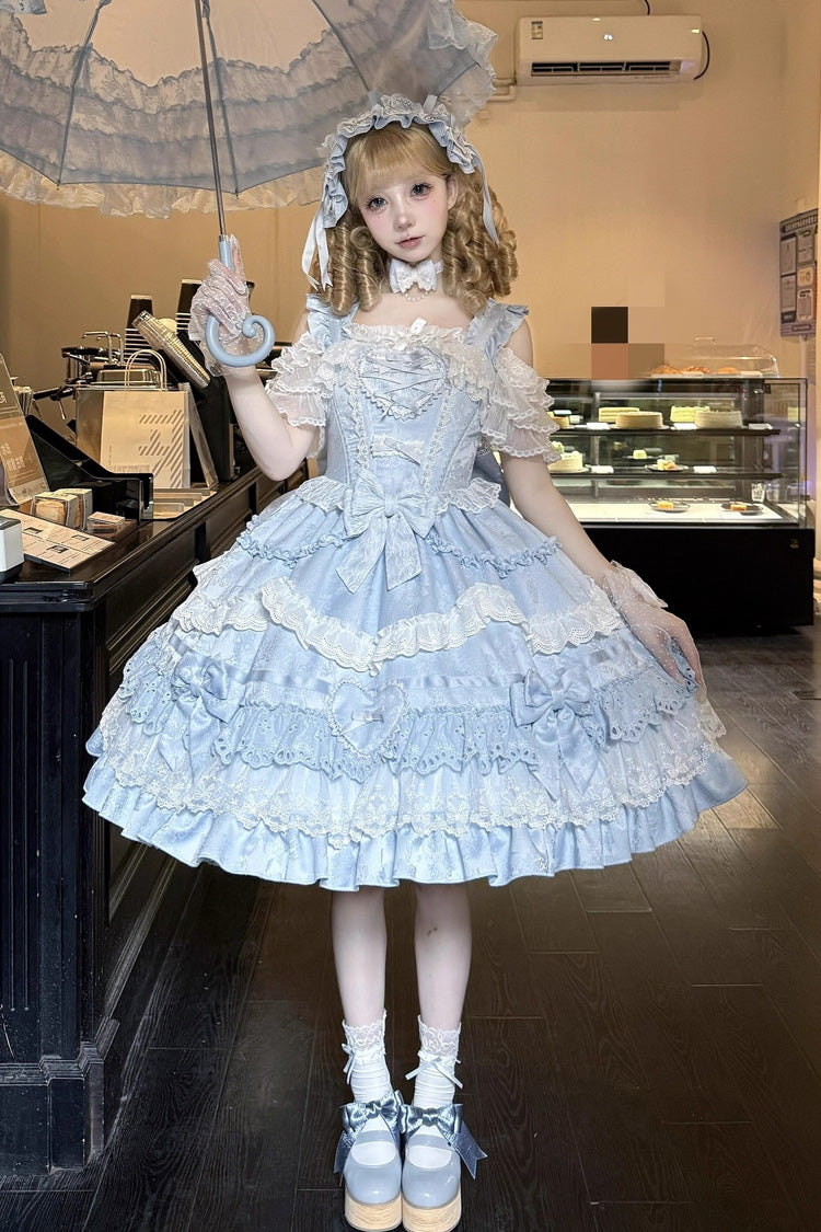Blue Super Cute Belia Sleeveless Triple-Layered Ruffle Bowknot Lace Sweet Elegant Lolita Jsk Dress