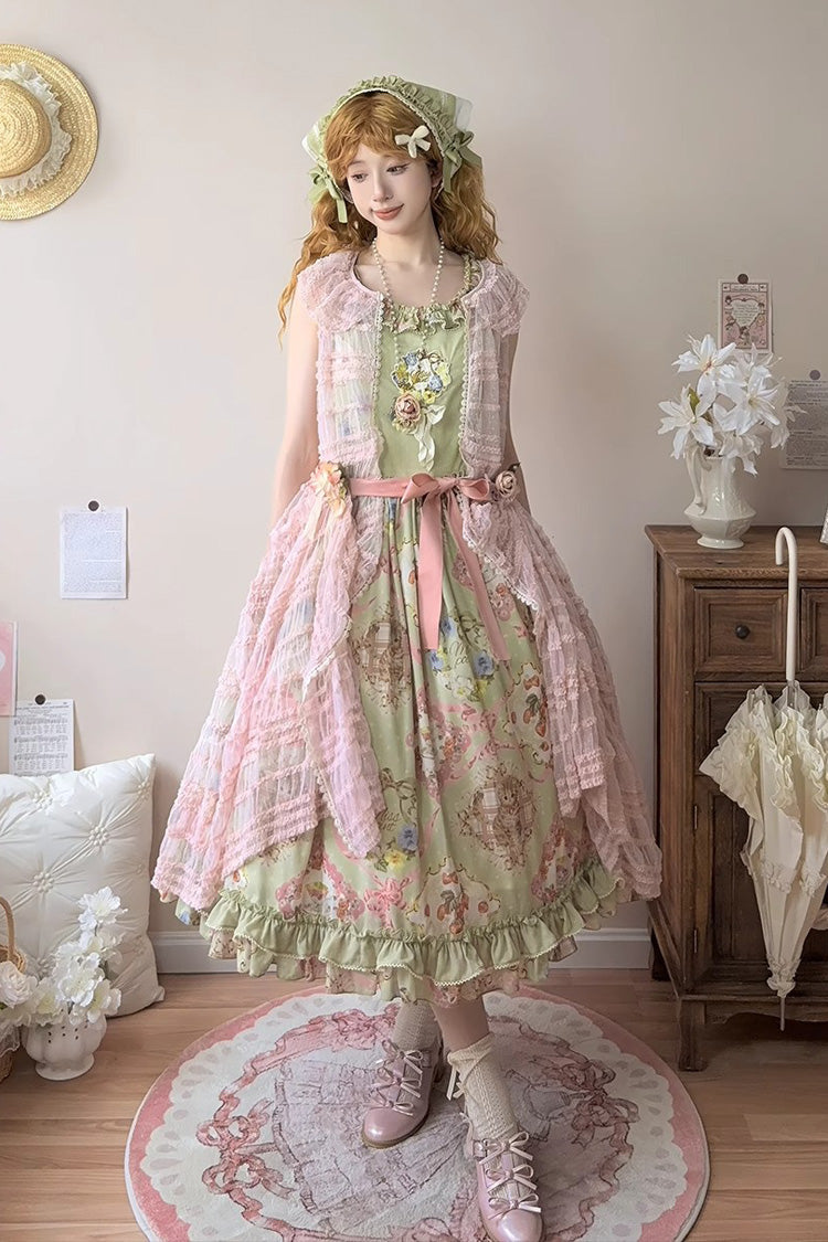 Green Cat Rose Tea Sleeveless Print Ruffle Bowknot Sweet Lolita Jsk Dress