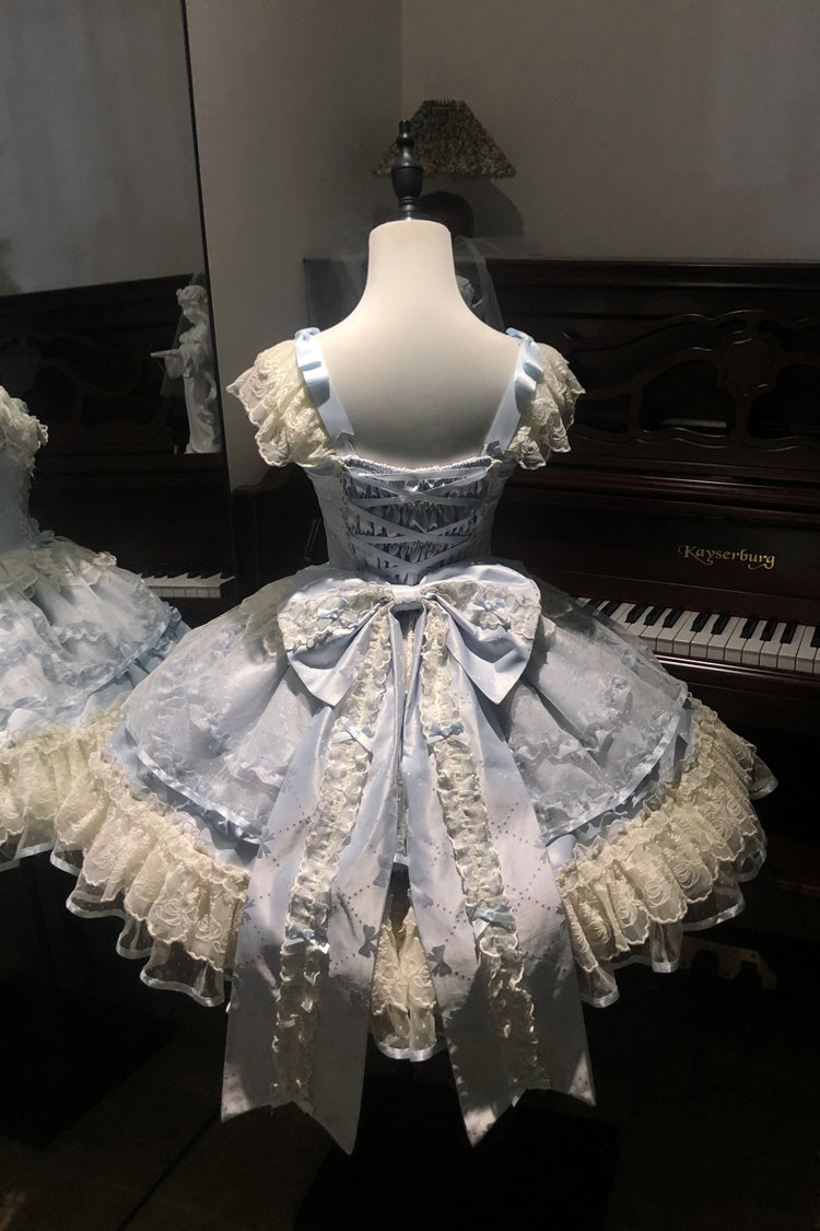 Blue Dreaming Butterfly Multi-Layered Jacquard Ruffle Bowknot Lace Sweet Princess Lolita Jsk Dress