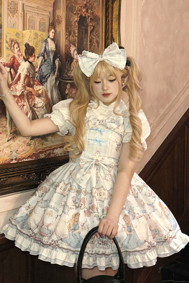 Light Blue The Princess's Magical Diary Printed Short Sleeves Ruffled Bow Sweet Princess Lolita Dress