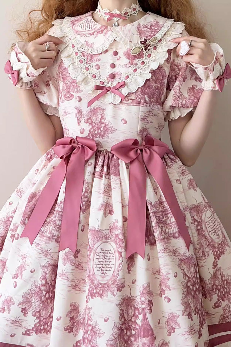 Rose Red Grape Moon Almanac Short Sleeves Multi-Layered Printed Ruffled Bow Sweet Lolita Dress