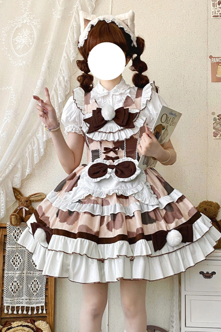 Brown Calico Cat Sleeveless Triple-Layered Printed Ruffled Bow Plush Sweet Lolita Jsk Dress