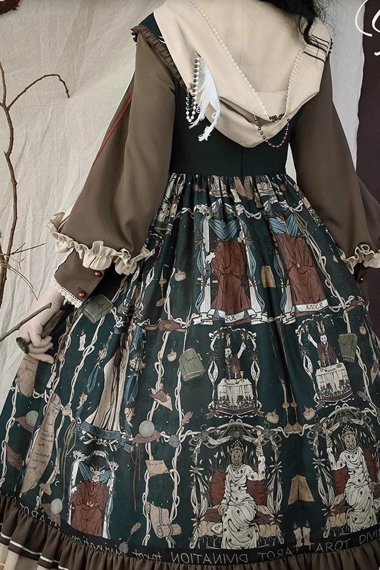 Dark Green Tarot Print Long Puff Sleeves Ruffle Bowknot Ripped Sweet Elegant Lolita Dress