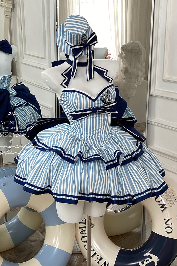Blue Sailing Sweetheart Double-Layered Vertical Stripes Print Ruffle Bowknot Sweet Lolita Dress