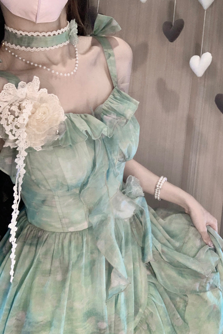 Green Forest Garden Print Ruffle Bowknot Sweet Lolita Jsk Long Dress
