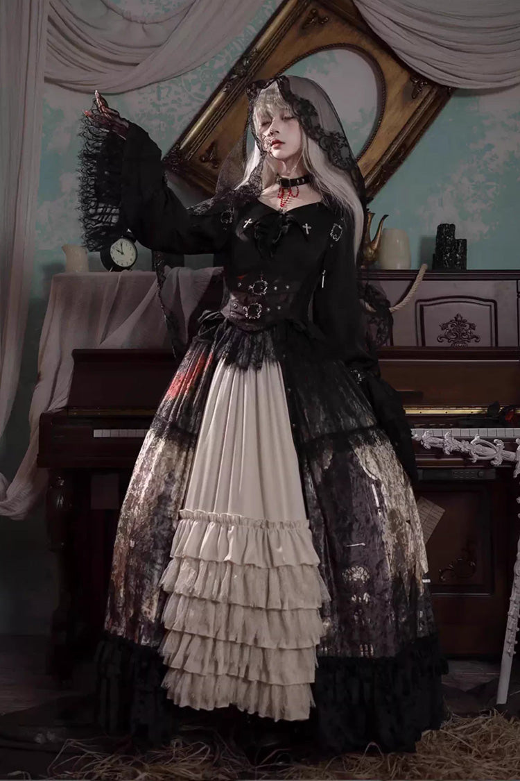 Heretical Nun Sleeveless Multi-Layered Printed Ruffled Open-Front Gothic Plus Size Lolita Strap Dress Long Version 2 Colors