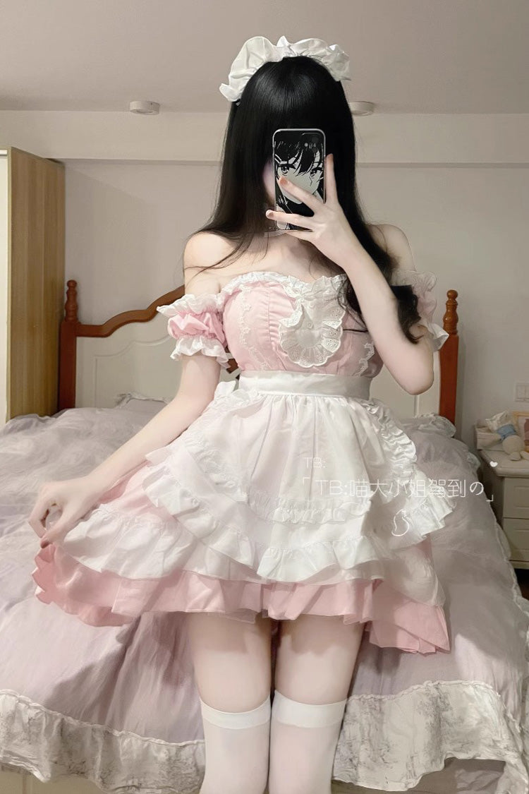 Pink Maid Off Shoulder Ruffle Plus Size Sweet Lolita Dress