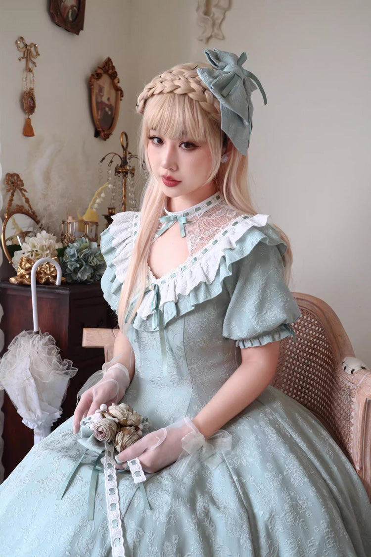 Green Short Sleeves Ruffle Bowknot Sweet Princess Lolita Dress