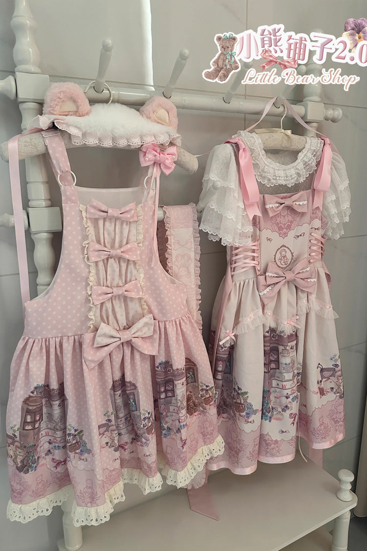 Pink Little Bear Shop Print Sleeveless Bowknot Lace Sweet Princess Lolita Jsk and Strap Dress