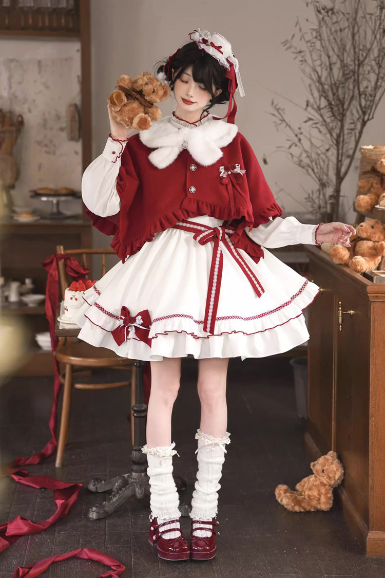 Red/White Red Vow Stand Collar Long Sleeves Multi-Layered Ruffled Bow Sweet Lolita Dress