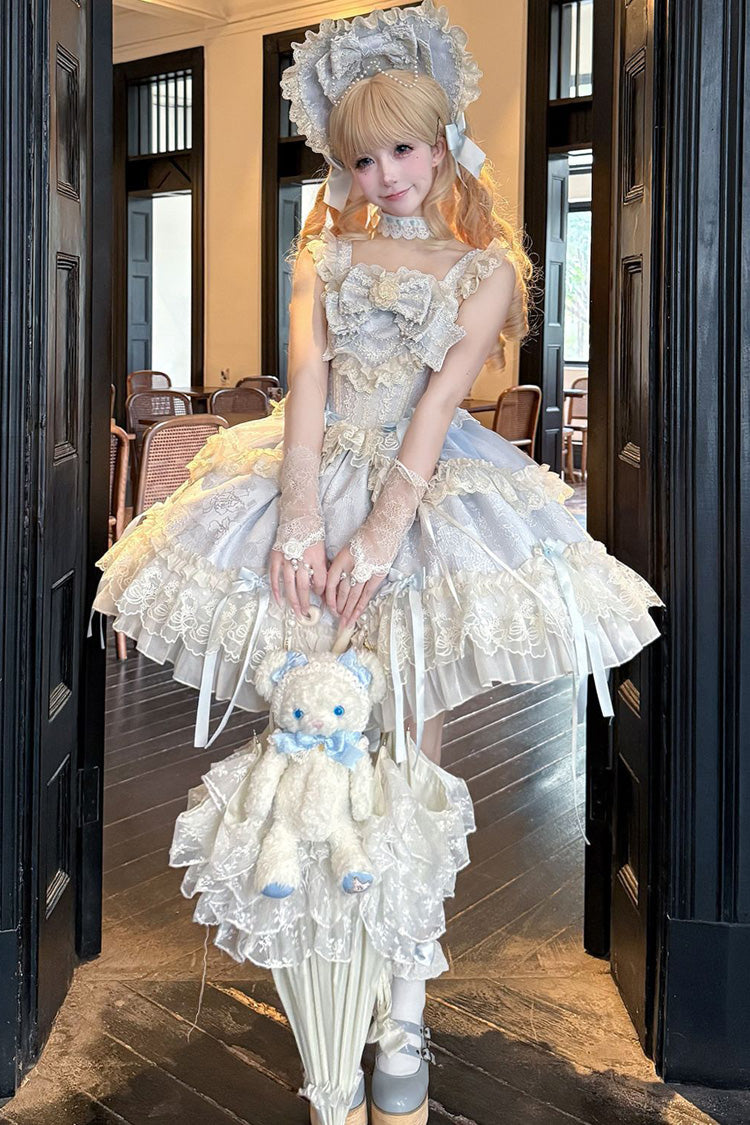 Blue Blossoming Heart Love  Sleeveless Dark Jacquard Print Bowknot Lace Sweet Lolita Jsk Dress