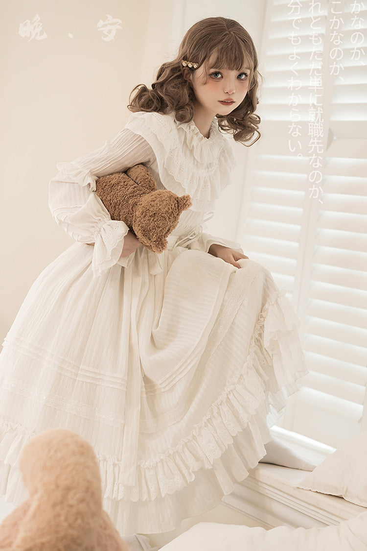 White Good Night Long Sleeves Double-Layered Ruffle Bowknot Lace-Up Holy Sweet Lolita Dress