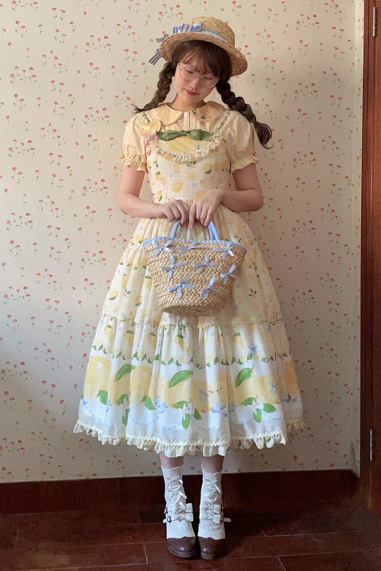 Yellow Lemon Chicken Print Ruffle Bowknot Lace Sweet Lolita Jsk Long Dress