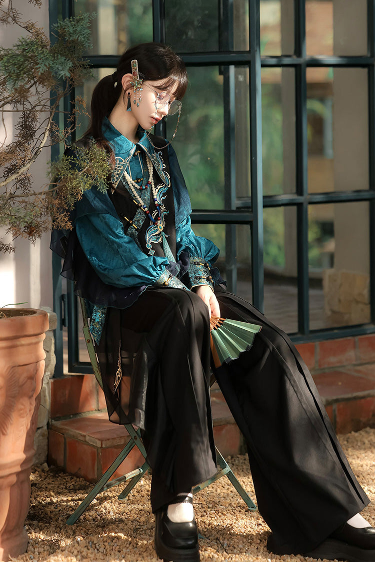 Black/Green Round Collar Long Sleeves Ruffle Embroidery Chinese Style Vintage Handsome Ouji Lolita Set
