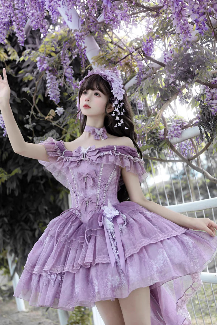 Purple Wisteria Wonderland Double-Layered Bow Lace-Up Sweet Elegant Princess Ballet Lolita Jsk Dress