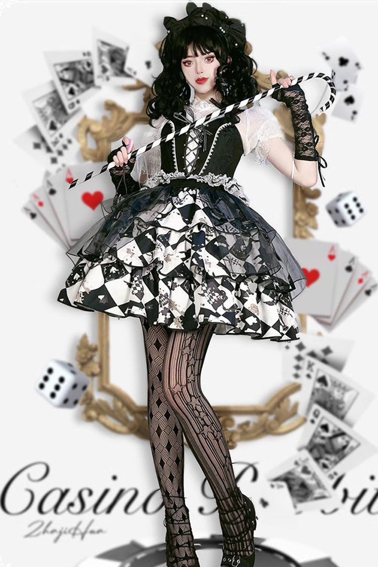 Black/White Board Games Triple-Layered Print Ruffle Vintage Lolita Skirt