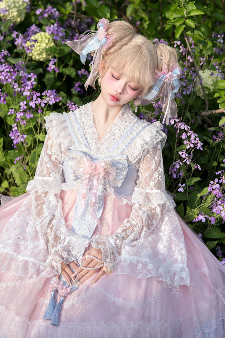 Peach Blossoms in Spring Fields Sleeveless Ruffle Bowknot Lace Sweet Chinese Style Lolita Jsk Dress 3 Colors