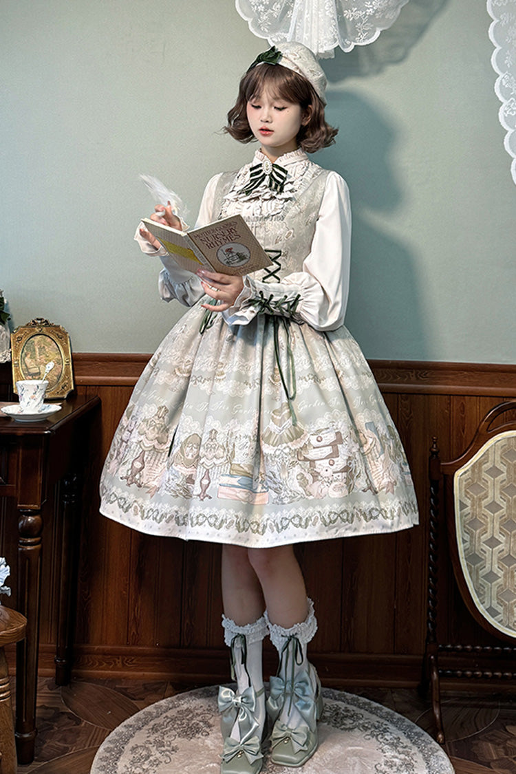 Iris Study Square Collar Print Bowknot Lace-Up Sweet Lolita Jumper Dress 2 Colors