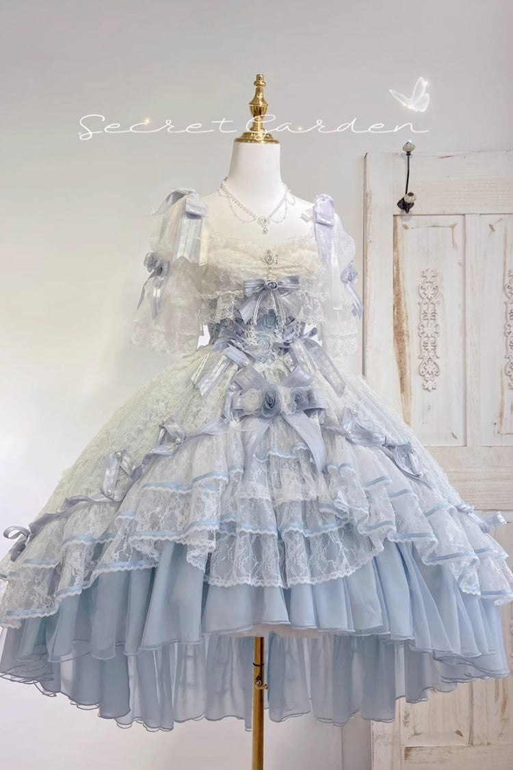 Blue Diane Rose Short Sleeves Multi-Layered Jacquard Ruffle Hanayome Cardigan Bowknot Lace Sweet Lolita Dress