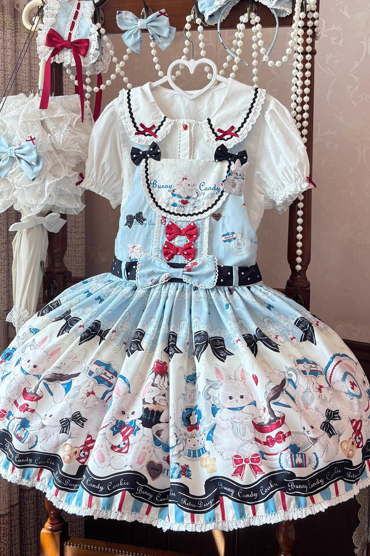 Blue Mystery Rabbit Tea Party Sleeveless Print Bowknot Lace Sweet Lolita Strap Dress