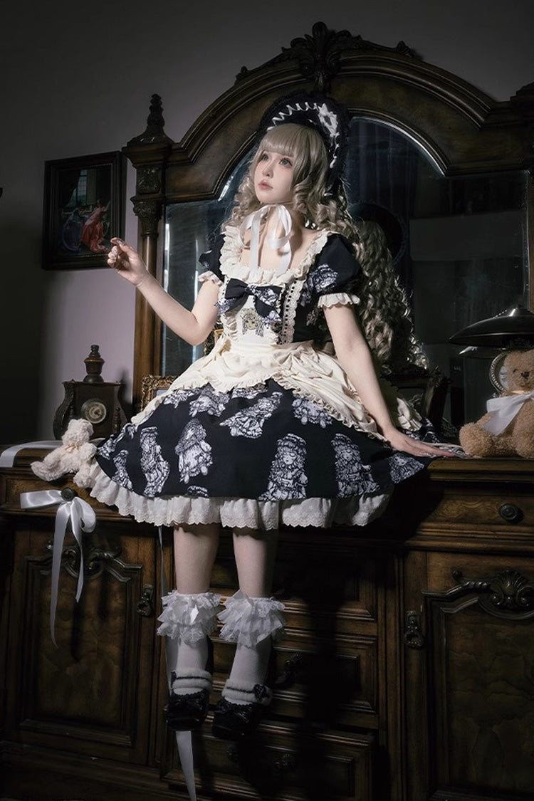 Doll Night Short Sleeves Print Ruffle Embroidery Bowknot Gothic Lolita Dress 2 Colors