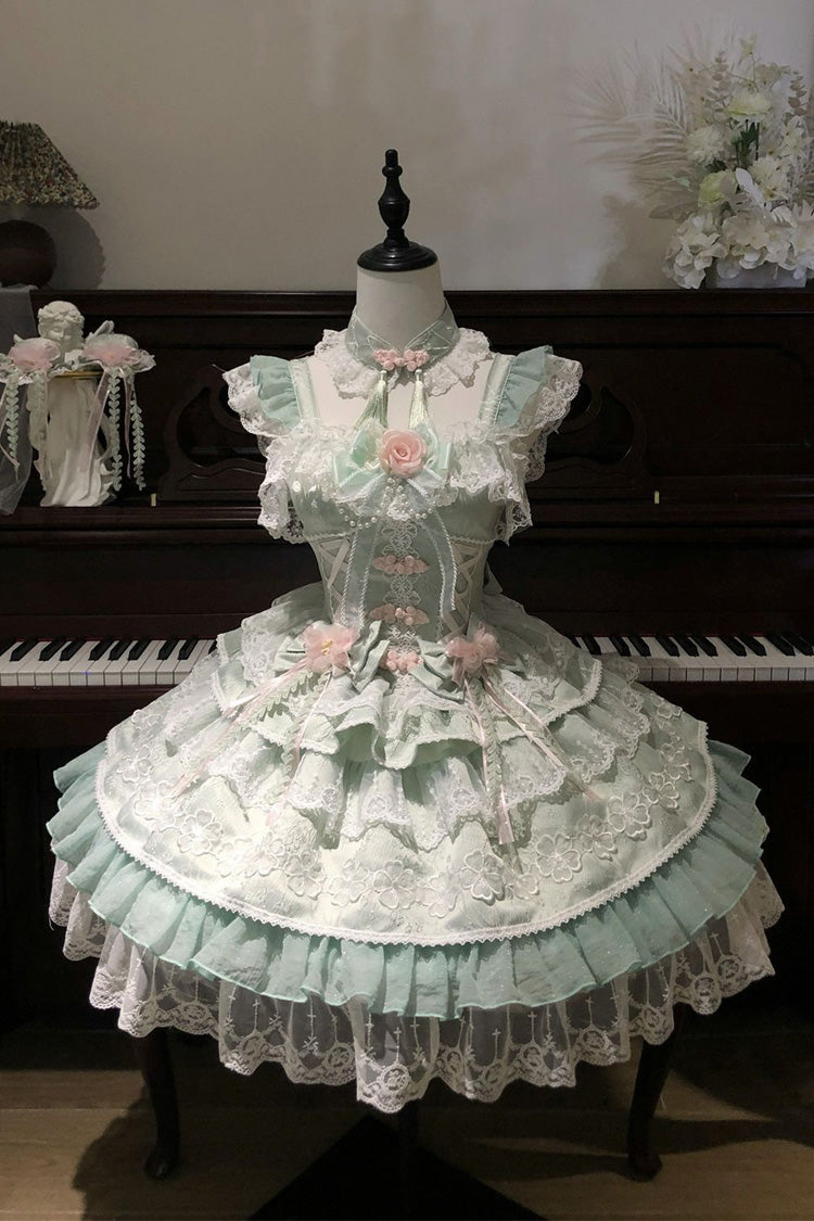 Green Rain of Peaches Sleeveless Multi-Layered Bowknot Lace Sweet Chinese Style Lolita Jsk Dress