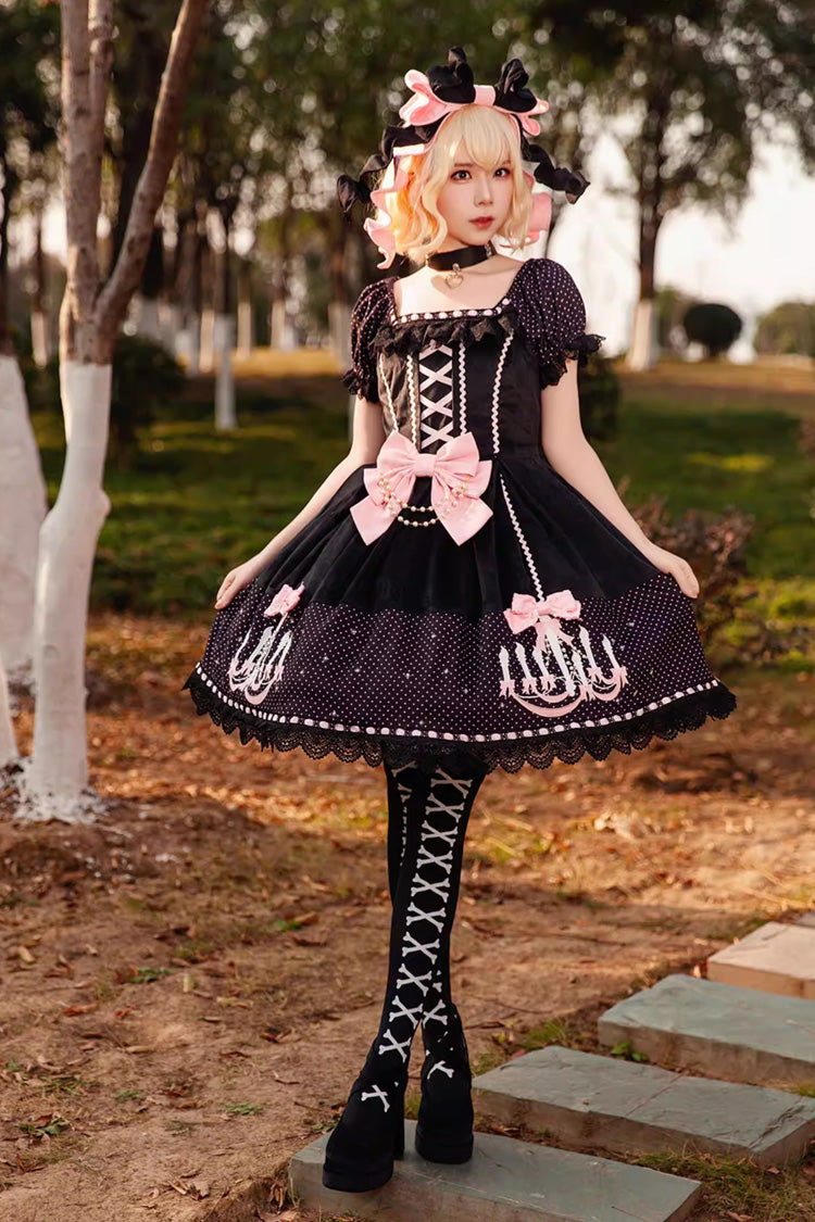 Chandelier Printed Sweet Short Sleeves Bow Lace-Up Pearl-Decorated Lolita Dress 4 Colors