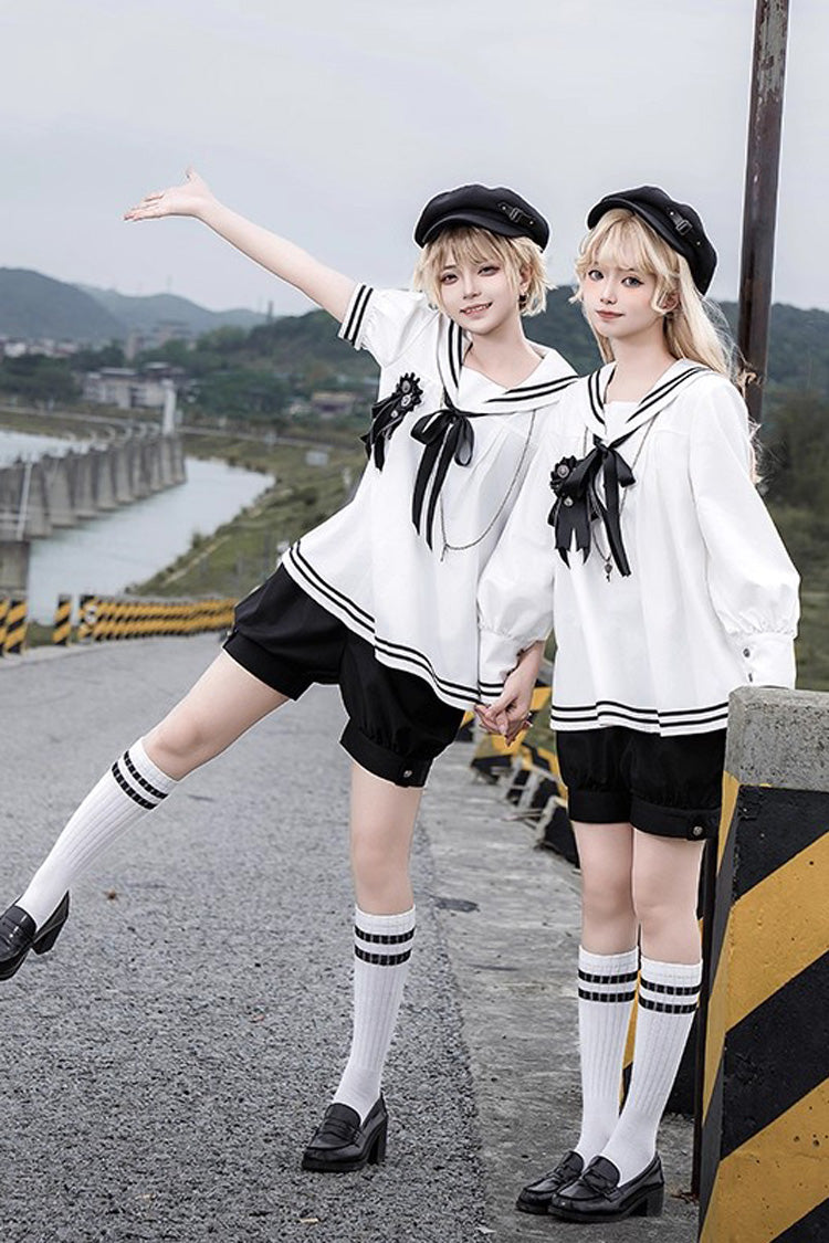 Black/White Old Stories Navy Collar Long Sleeves Bowknot Ouji Gothic Lolita Blouse Shorts Set