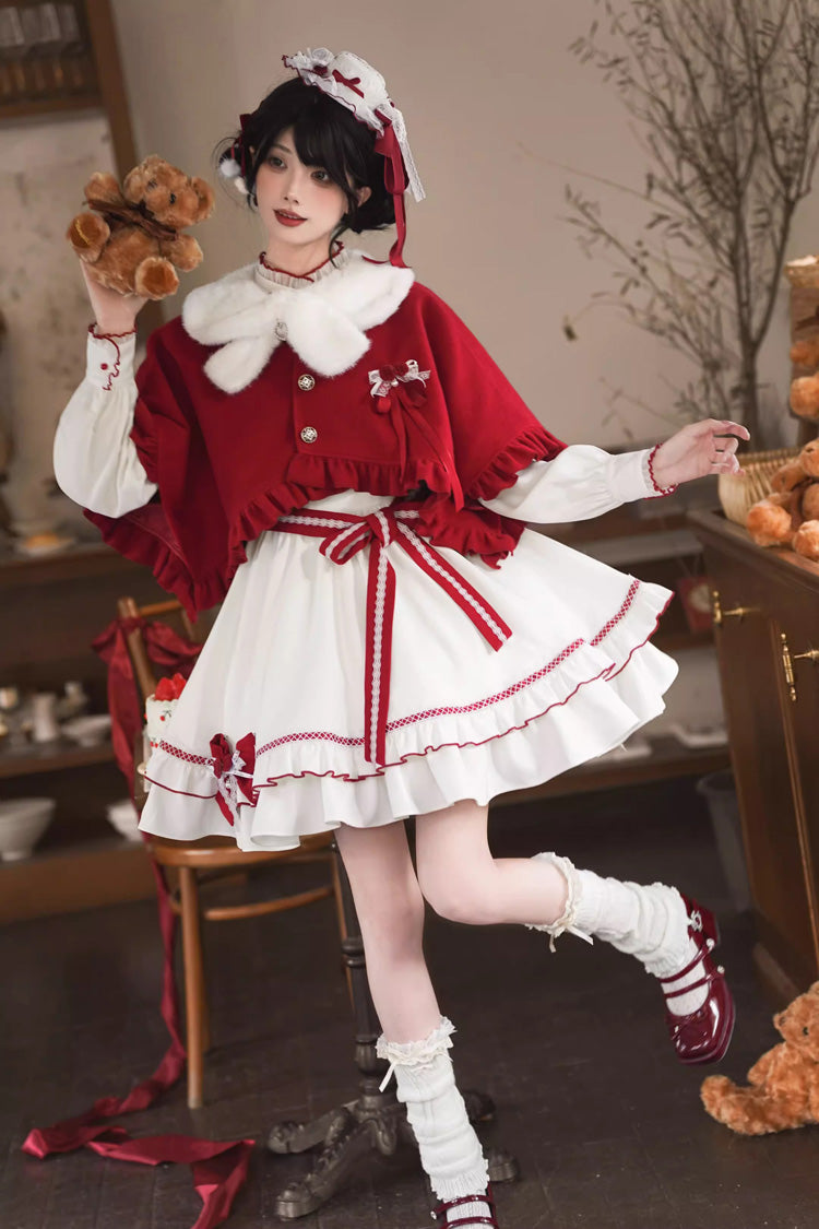 Red/White Red Vow Stand Collar Long Sleeves Multi-Layered Ruffled Bow Sweet Lolita Dress