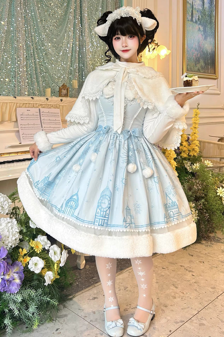 Blue Snow Castle Sleeveless Printed Embroidered Bow Lace Sweet Lolita Jsk Dress