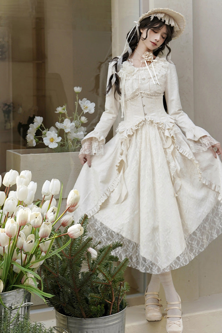 Ivory White Tea Long Sleeves Ruffle Bowknot Lace Irregular Classic Princess Lolita Dress