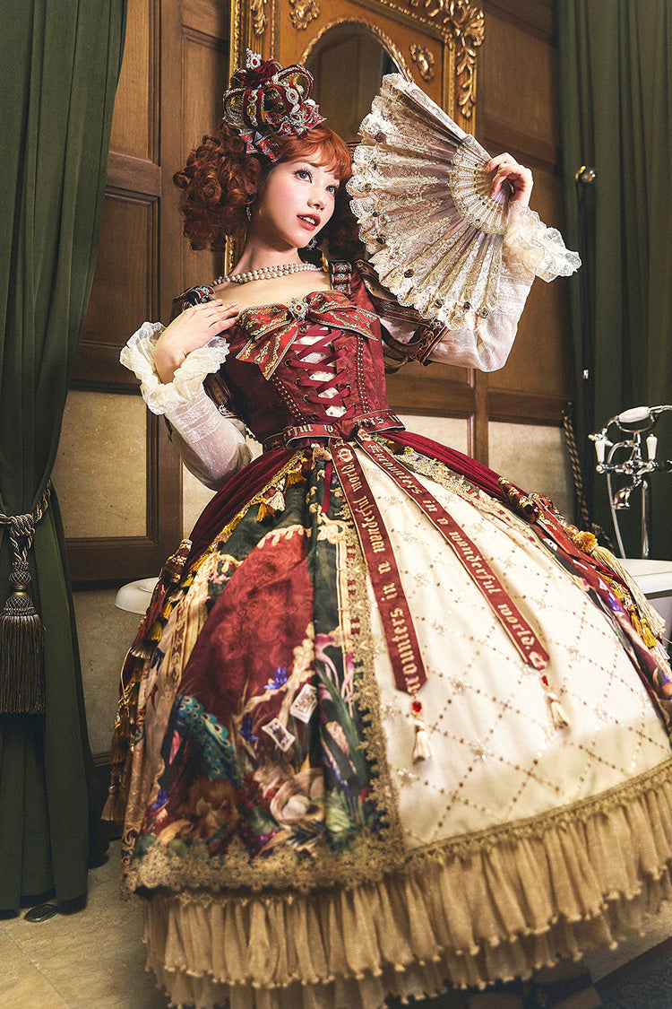 Red Kaleidoscope of Dreams Double-Layered Print Embroidery Bowknot Lace-Up Classic Vintage Gorgeous Lolita Dress