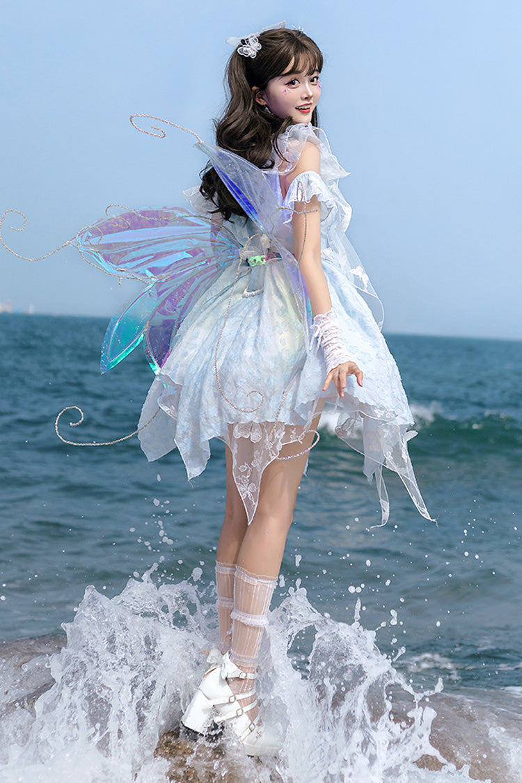 Blue Summer of Bubbles Sleeveless Ruffle Embroidery Lace Irregular Short Sweet Lolita Jsk Dress
