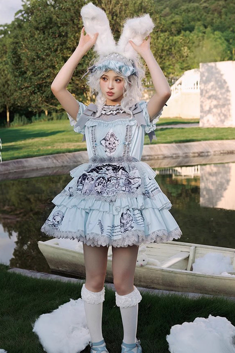 Light Blue Doll Theater Short Sleeves Print Ruffle Lace Sweet Lolita Dress