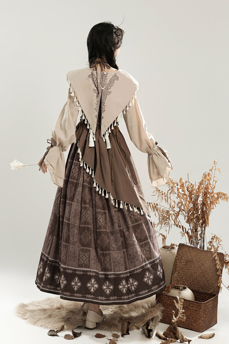 Brown Mysterious Tribe Long Lantern Sleeves Print Ruffle Asymmetric Sweet Chinese Style Lolita Dress