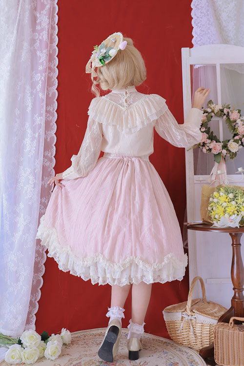 Pink Elegant Vintage Tulip Multi-Layer Ruffled Classic Lolita Skirt Dress
