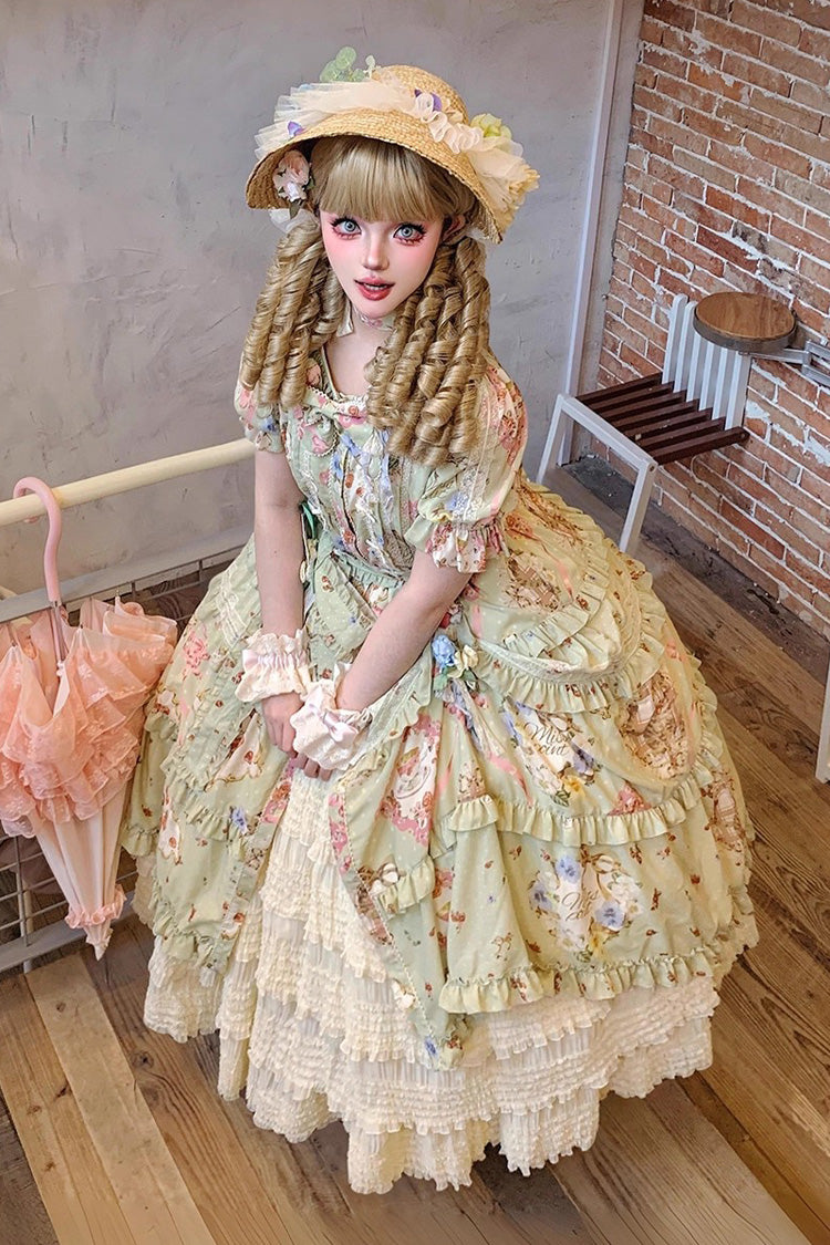 Green Cat Rose Tea Short Sleeves Print Ruffle Cardigan Bowknot Daily Sweet Lolita Dress