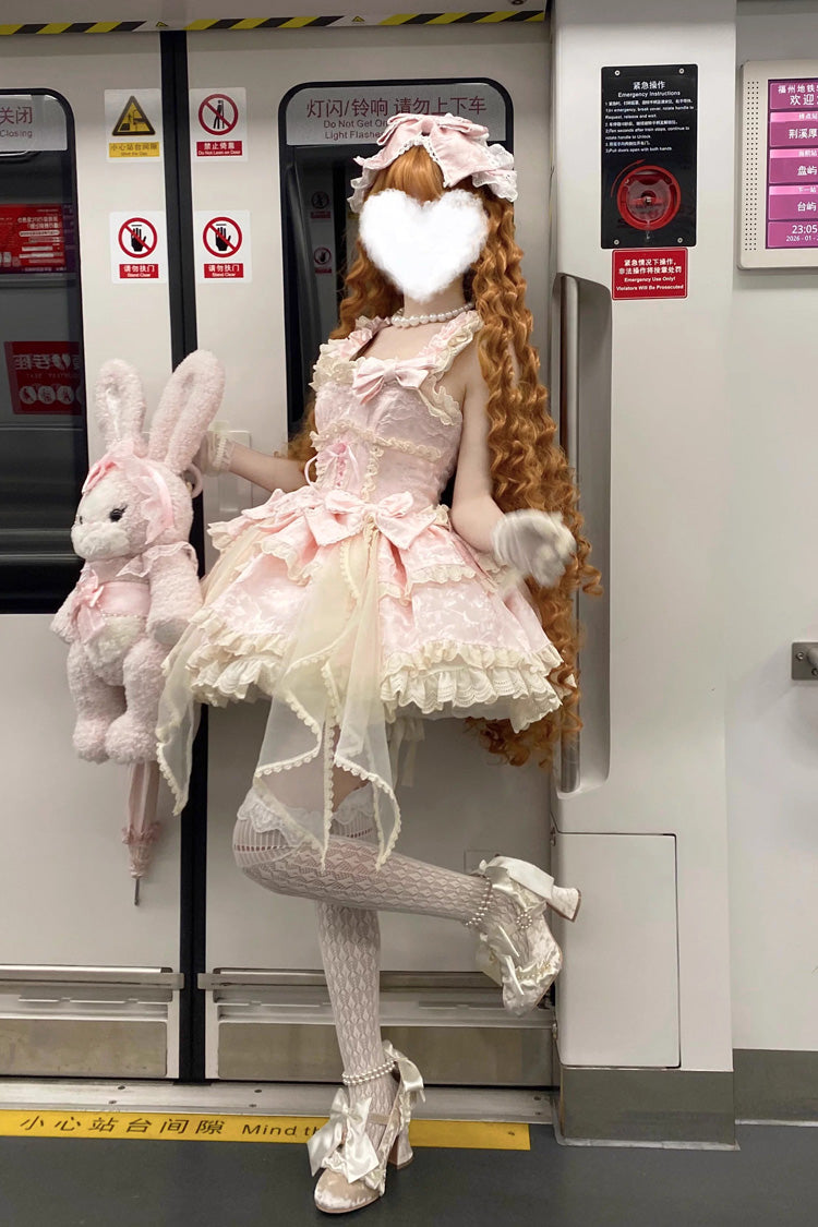 Pink Sleeveless Multi-Layered Ruffled Bow Sweet Princess Ballet Lolita Jsk Dress