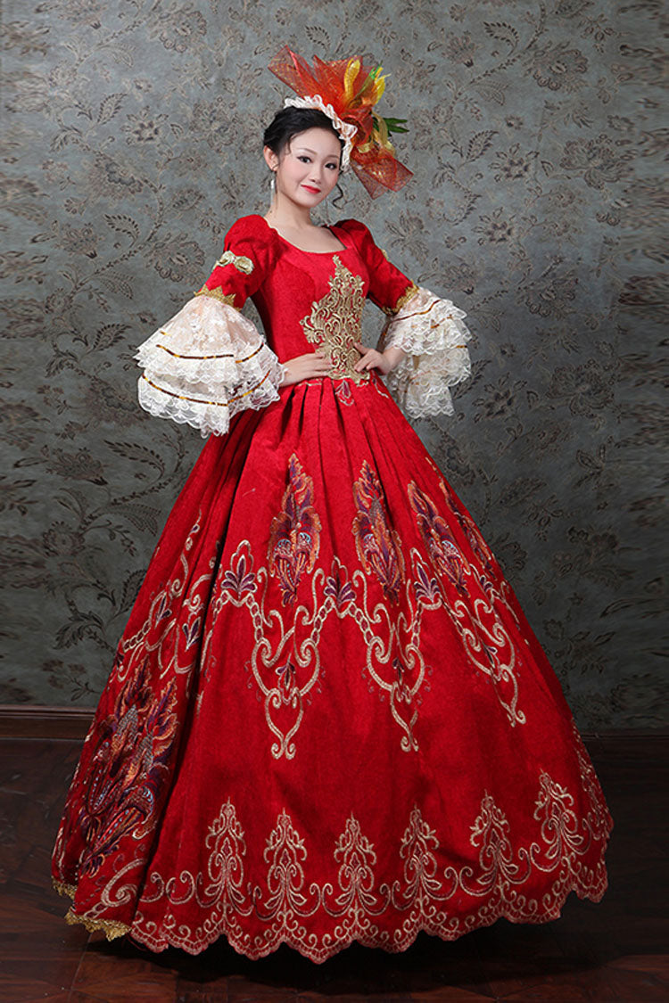 Red Multi-Layer Trumpet Sleeves Half Sleeves High Waisted Embroidery Print Victorian Lolita Prom Dress