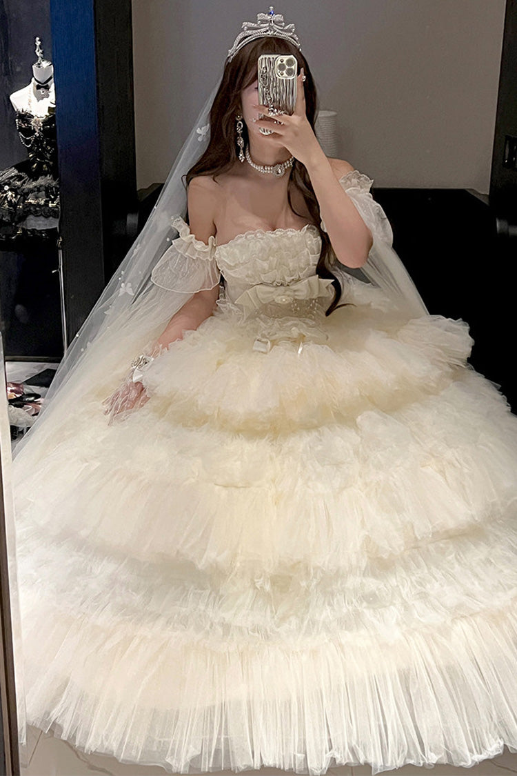White Maiden's Love Off Shoulder Triple-Layered Ruffled Hanayome Bow Lace Sweet Princess Lolita Dress