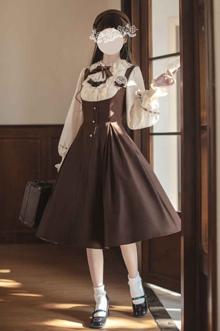 Brown/White Sunset Academy Long Sleeves Ruffle Bowknot Fake Two Pieces Vintage College Style Elegant Lolita Dress