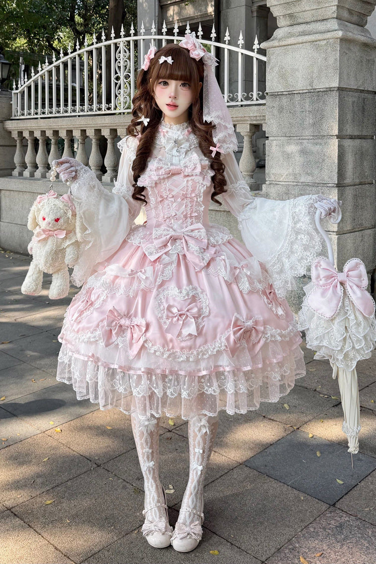 Pink Sweetheart Sleeveless Multi-Layered Embroidered Bow Lace Lace-Up Sweet Lolita Jsk Dress