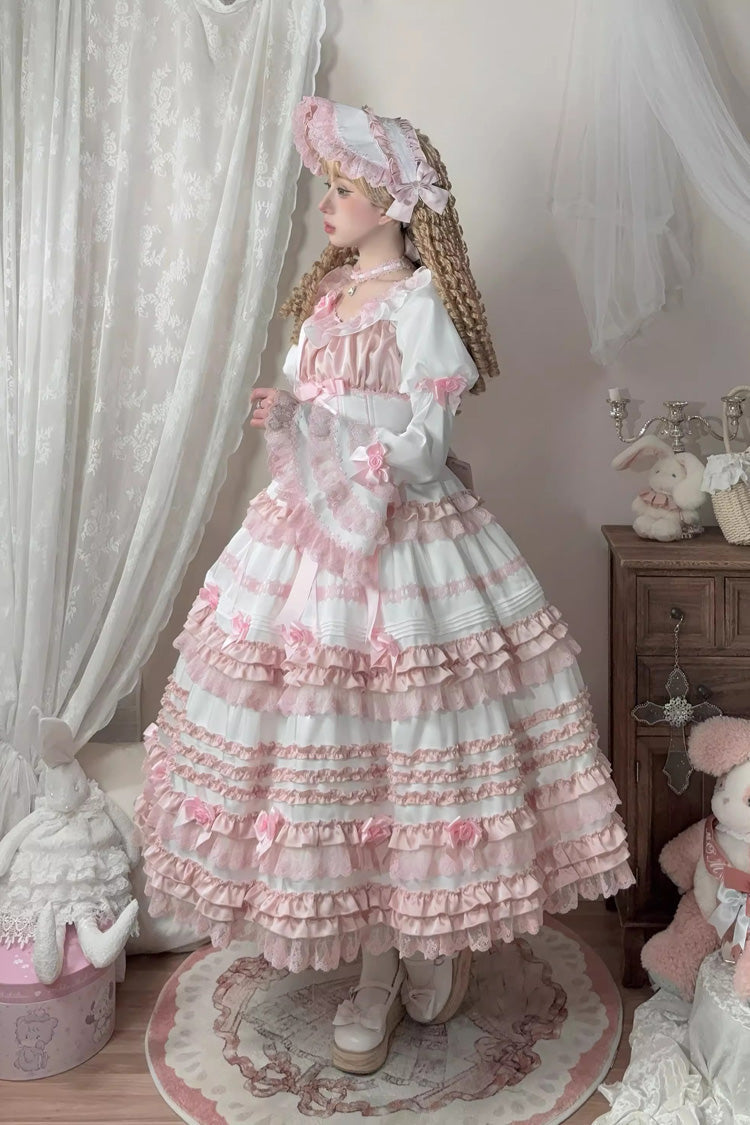 White/Pink Layered Peach Ice Short Sleeves Ruffle Bowknot Lace Sweet Lolita Dress