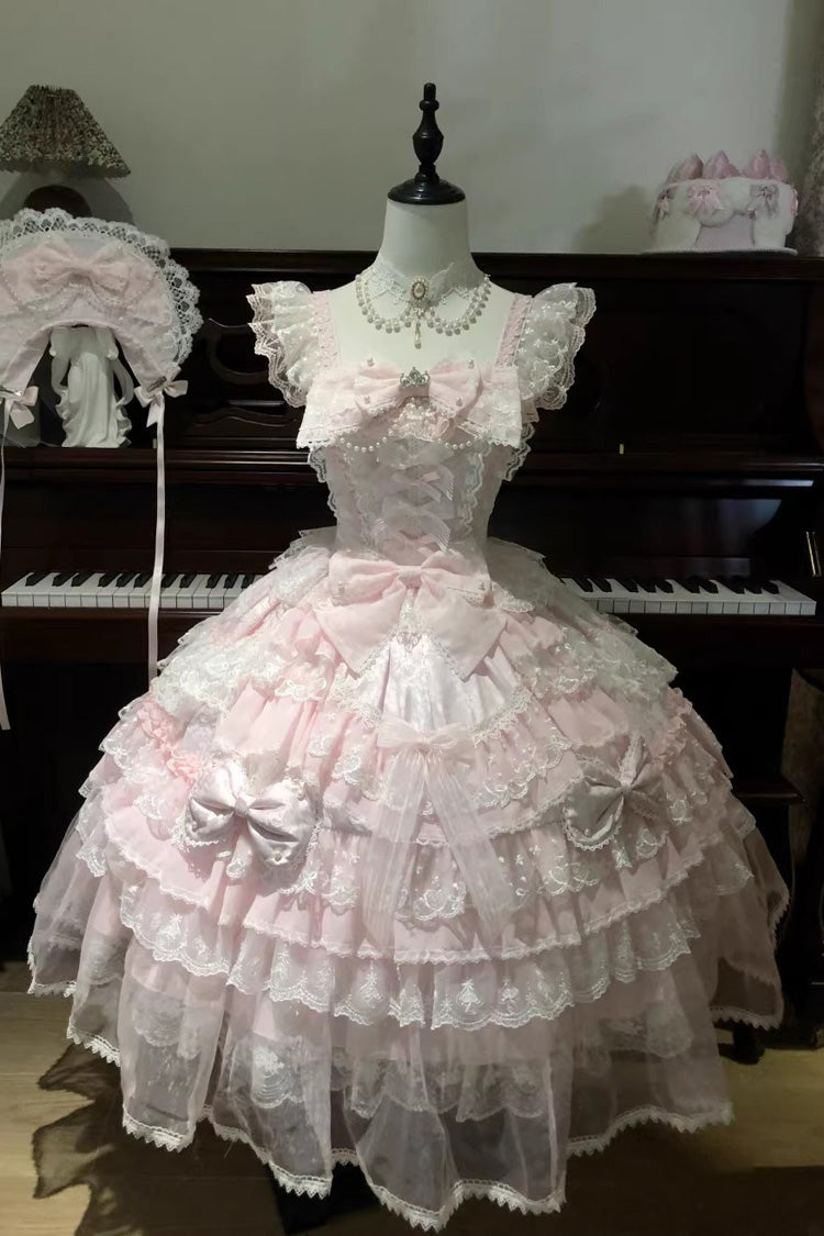 Pink Prelude of Spring Sleeveless Multi-Layered Ruffled Bow Lace Sweet Princess Lolita Jsk Dress