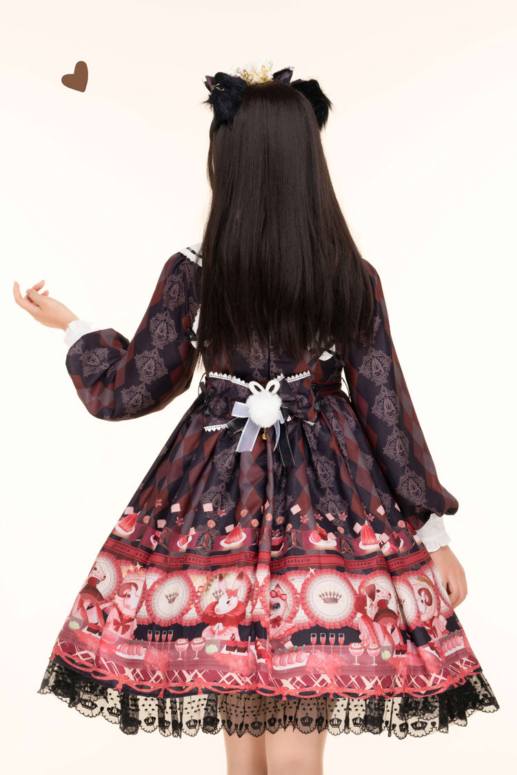Black Afternoon Fantasia Long Sleeves Print Ruffle Bowknot Sweet Lolita Jsk Dress