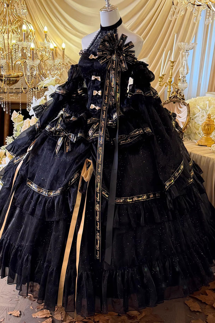 Black Obsidian Banquet Double-Layered Ruffled Hanayome Bow Lace Sweet Gothic Princess Lolita Jsk Dress