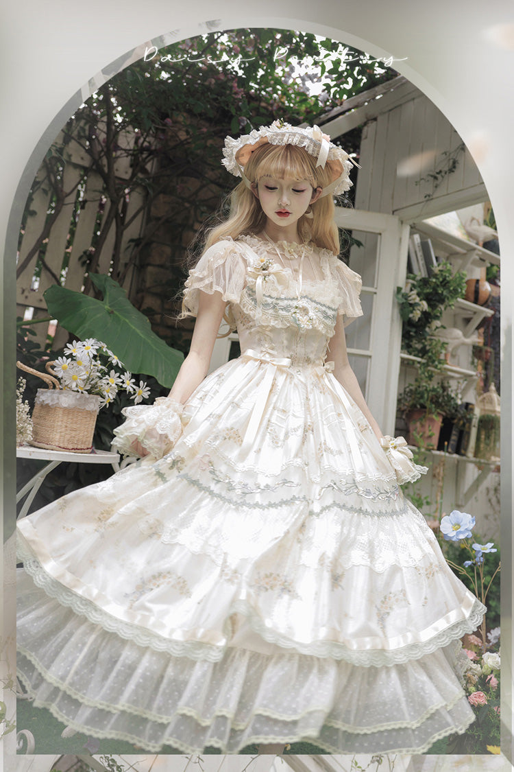 Multi-Color Daisy Poetry Print Ruffle Hollow Embroidery Lace Sweet Elegant Princess Lolita Jsk Dress